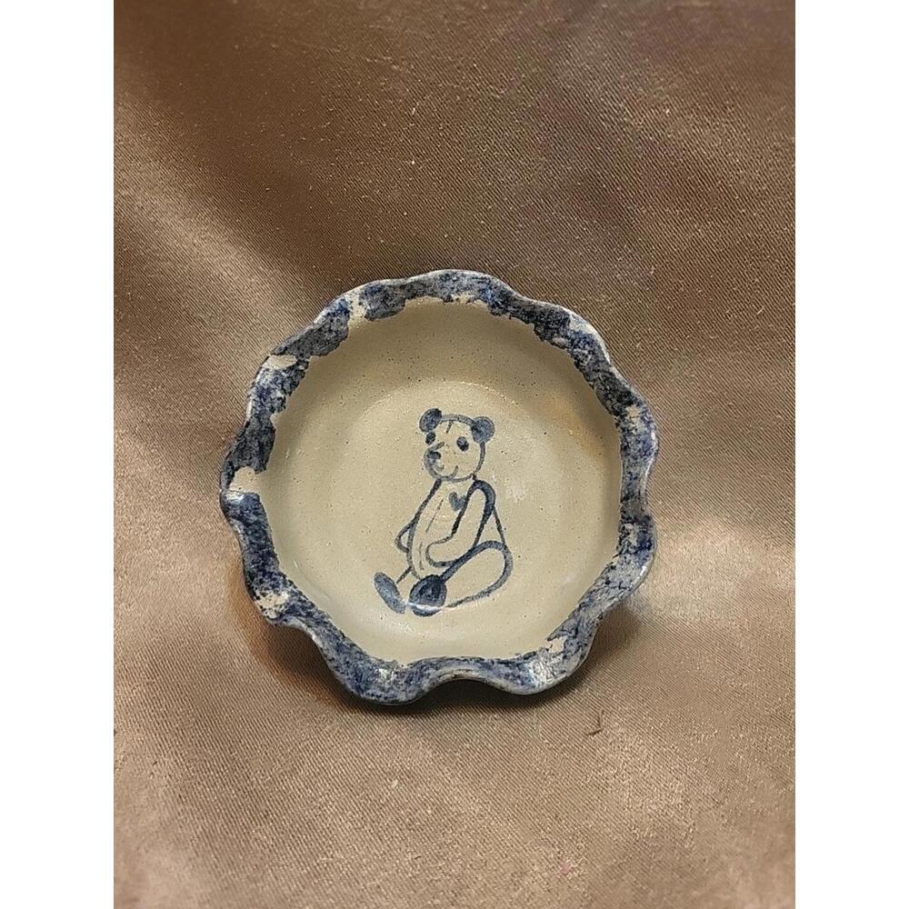 Salt Glazed Spongeware Small Pooyery Dish With Teddy Bear